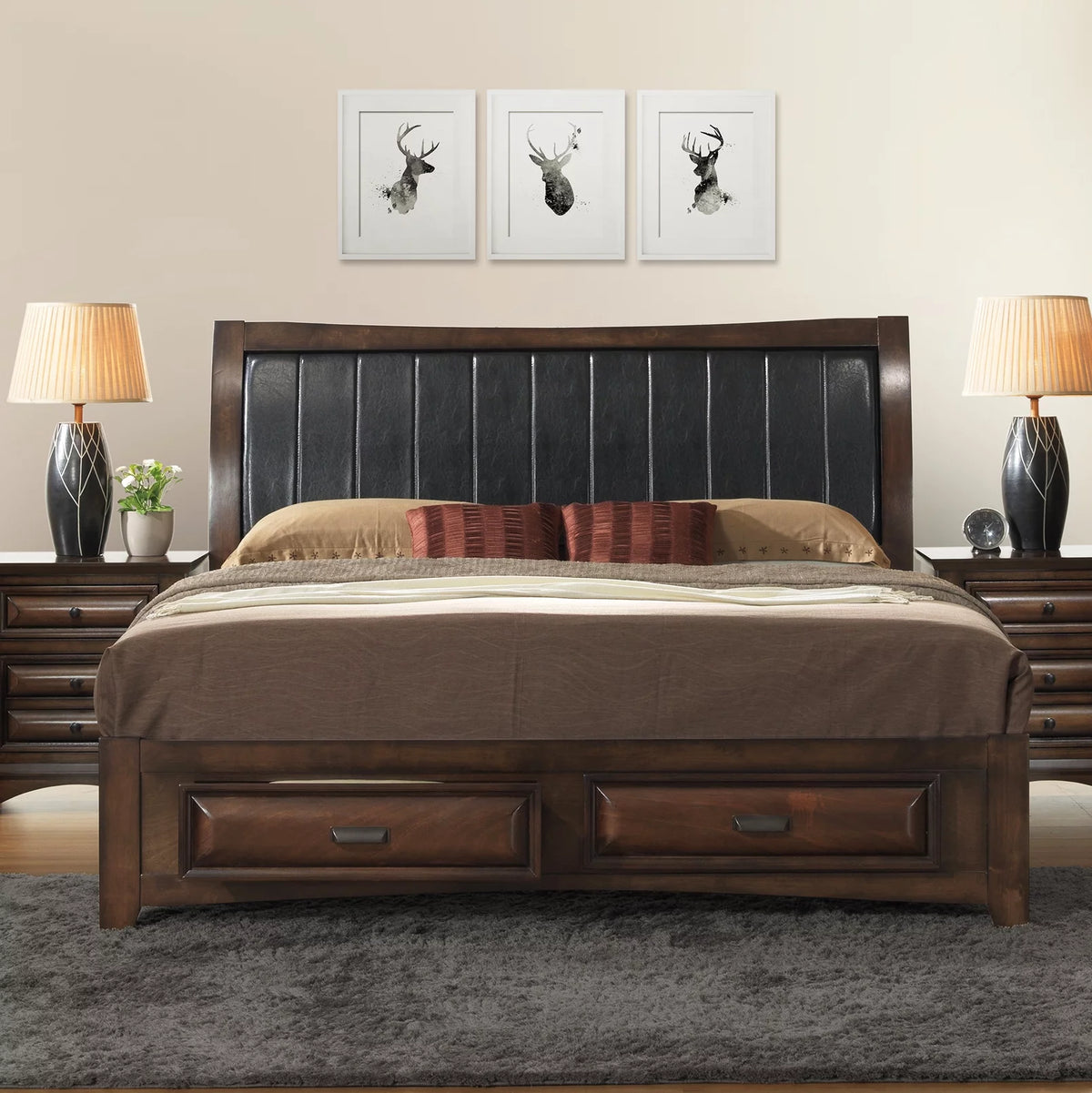 Wood Queen Size Bedroom Set with Storage Bed Dresser Mirror Nightstand Chest N119843