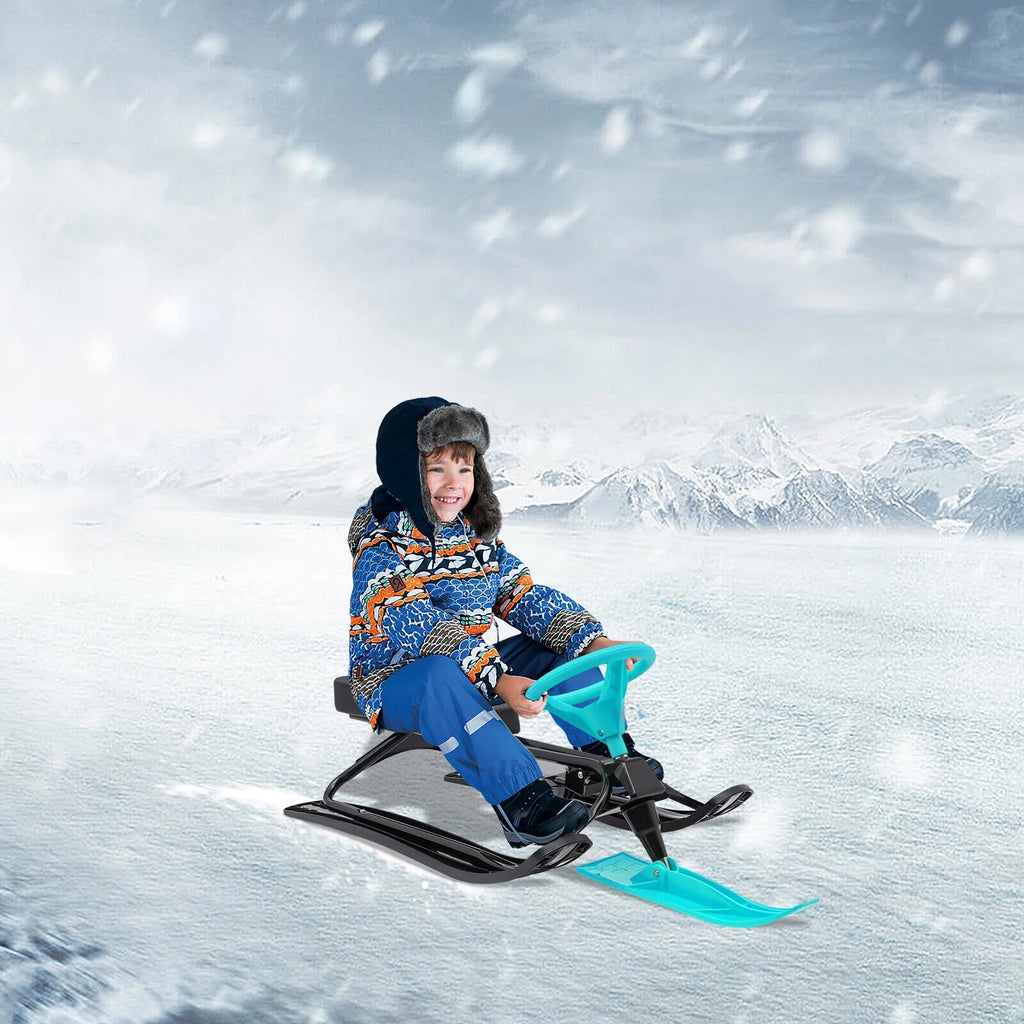 Green Kids Snow Racer Sled Twin Brakes Ski Slider Board 44.88*19.69*15in T775716