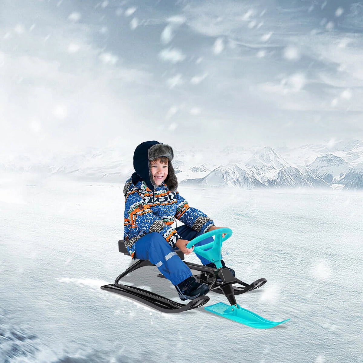 Green Kids Snow Racer Sled Twin Brakes Ski Slider Board 44.88*19.69*15in T775716