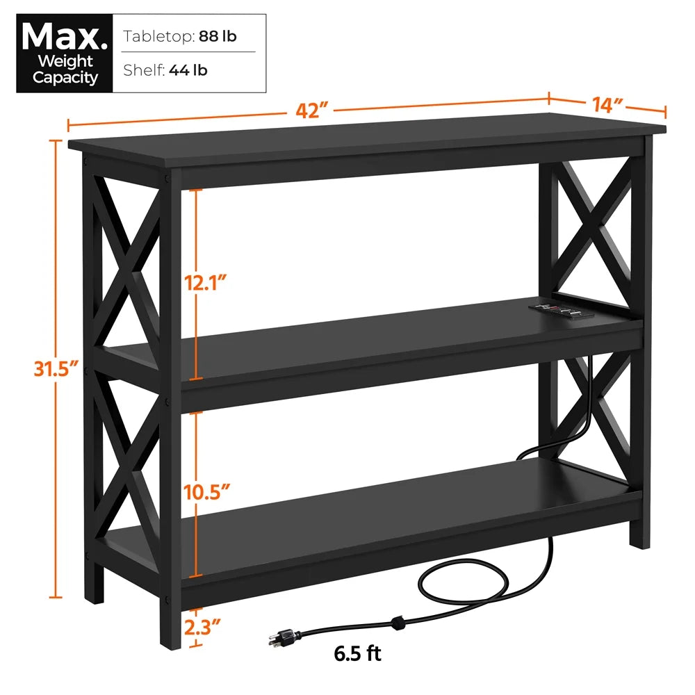 Black 3-Tier Wooden Console Table with Power Outlet F957
