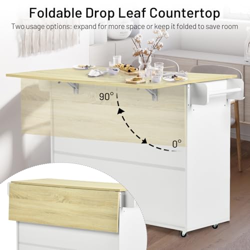 White Mobile Kitchen Island Cart with Drop Leaf W14895