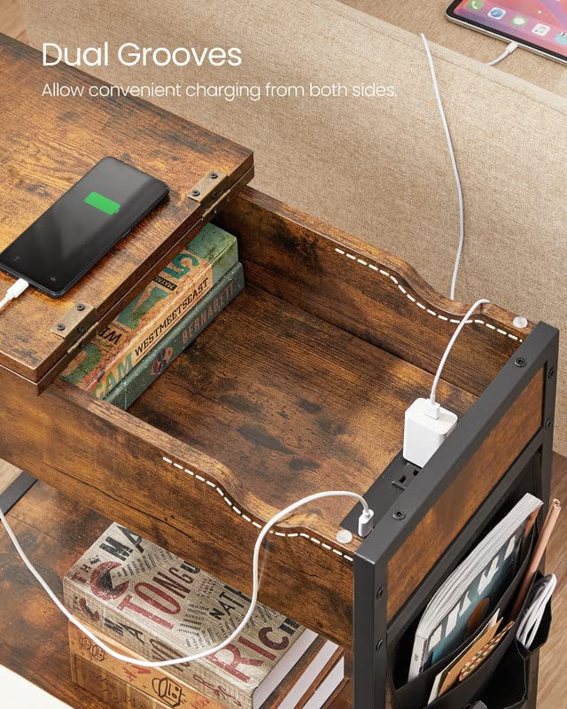 End Table with Charging Station and USB Ports Rustic Brown Black Y344