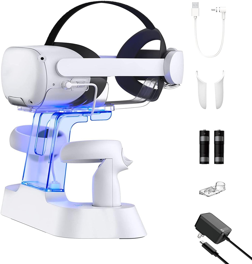 Enhanced Charging Dock with LED Light for Oculus Quest 2, Headset Display Holder and Controller Mount, 2 Rechargeable Batteries, USB-C Charger and Cable Pack of 2 P244879