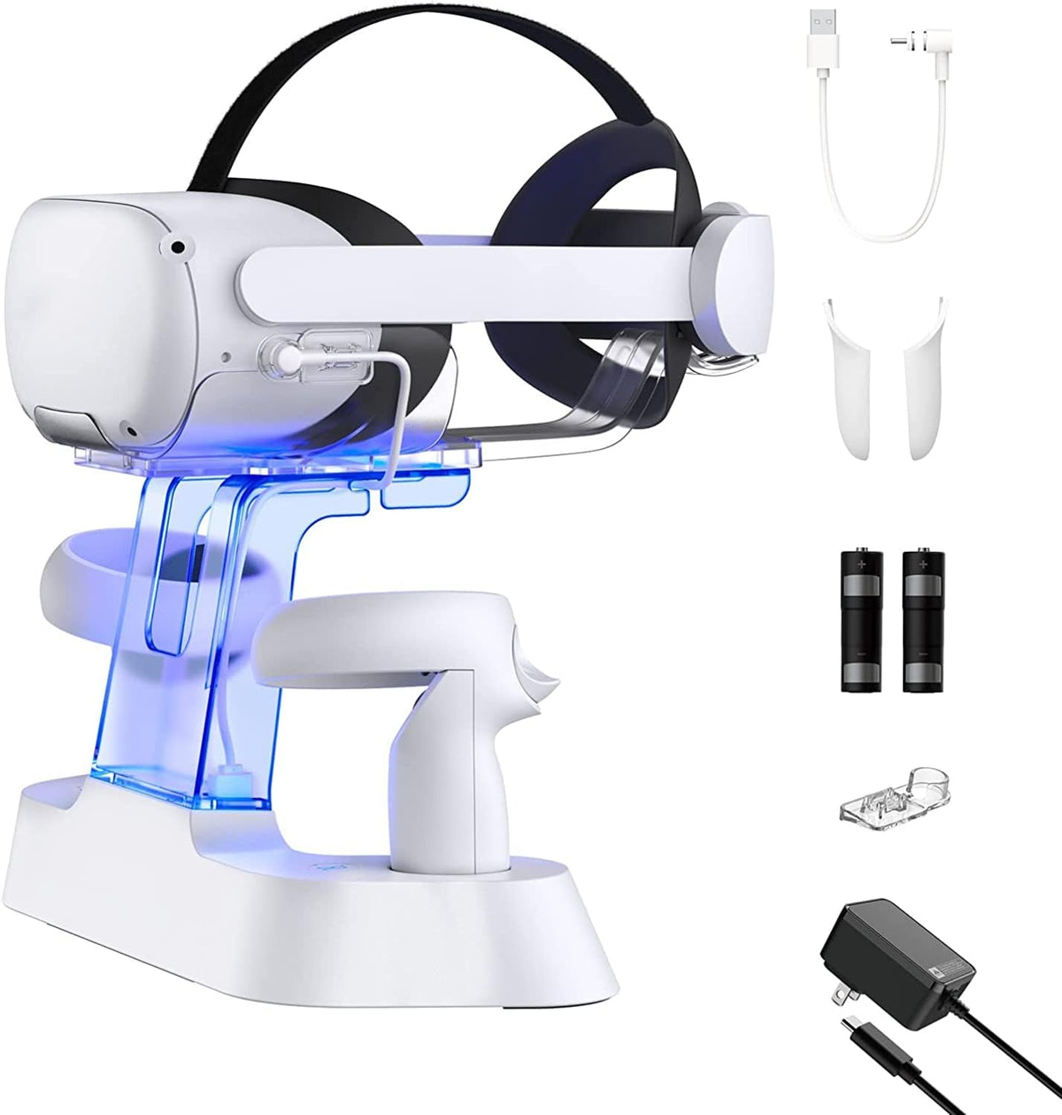 Enhanced Charging Dock with LED Light for Oculus Quest 2, Headset Display Holder and Controller Mount, 2 Rechargeable Batteries, USB-C Charger and Cable Pack of 2 P244879