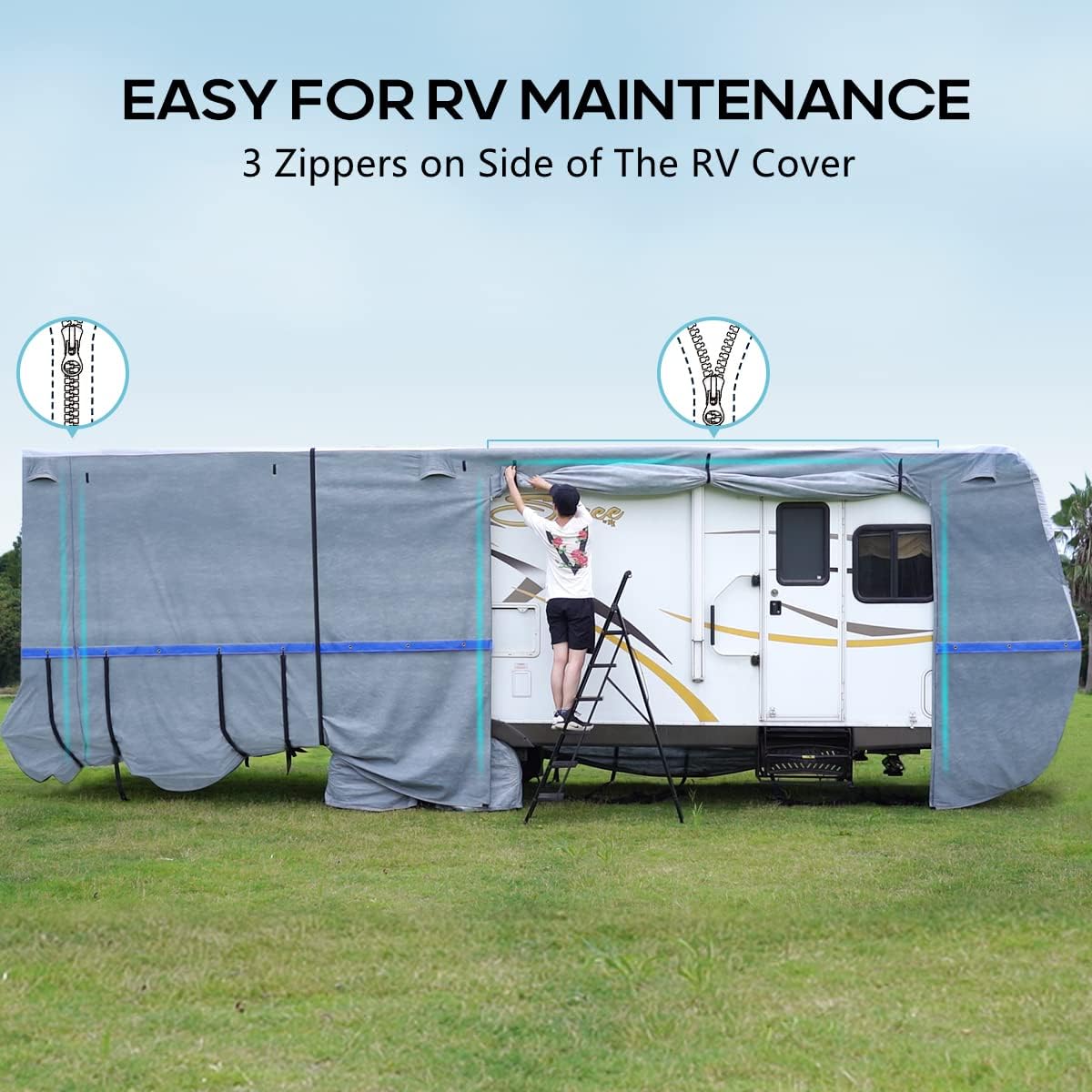 5th Wheel RV Cover with 2 Windproof Straps and 4 Tire Covers W62690