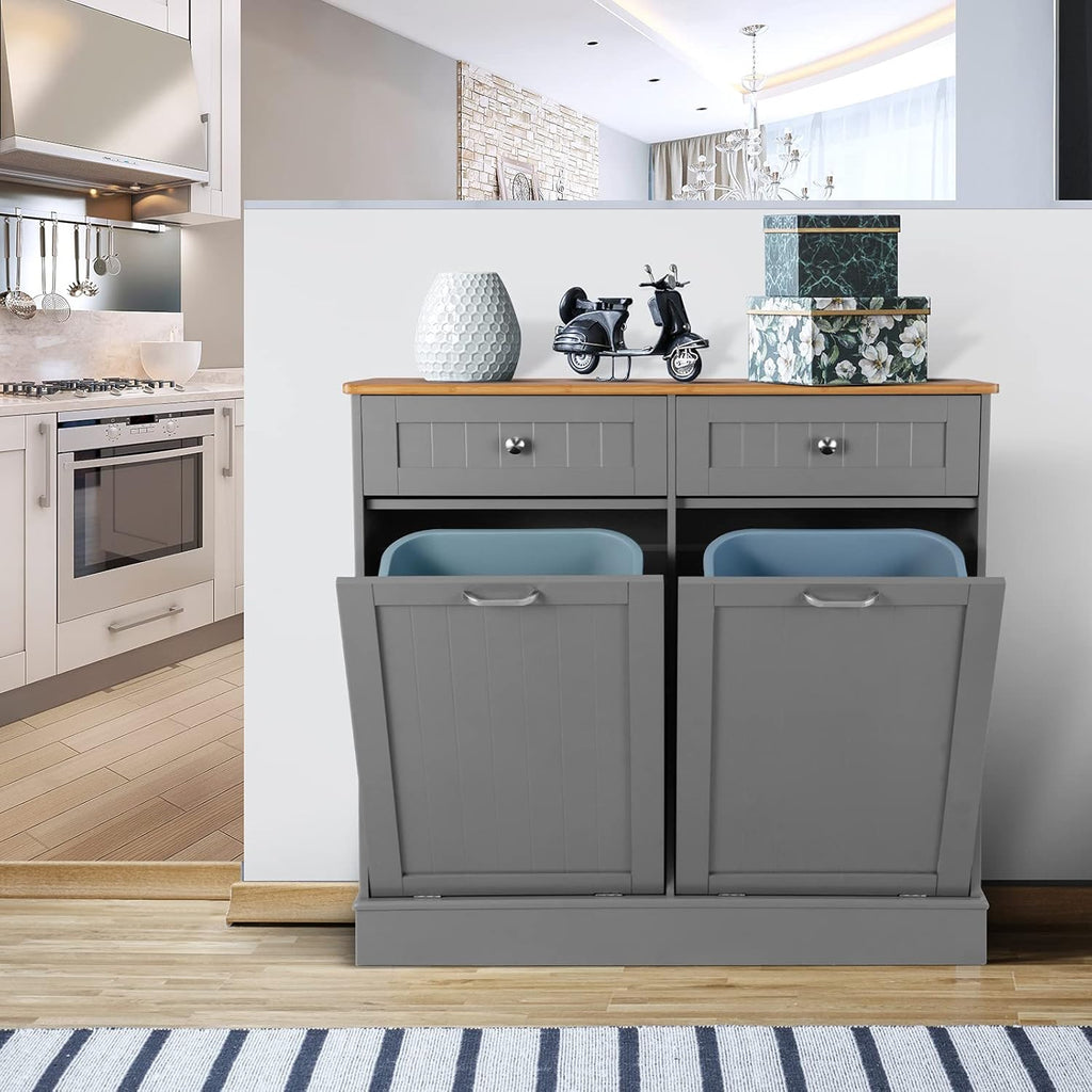 White Double Kitchen Trash Cabinet with Hideaway Drawers G486