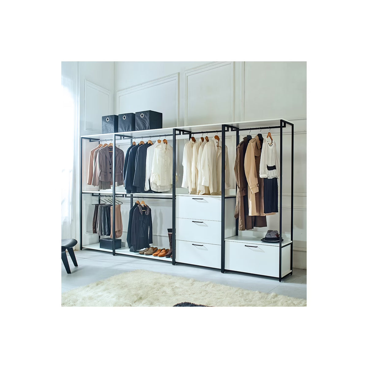 White Freestanding Wood Closet System with Metal Frame B107979