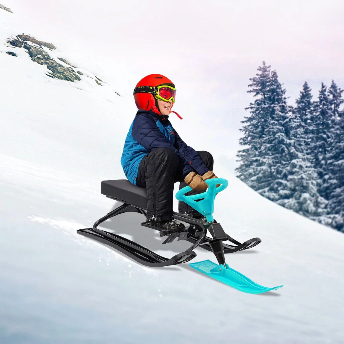 Green Kids Snow Racer Sled Twin Brakes Ski Slider Board 44.88*19.69*15in T775716