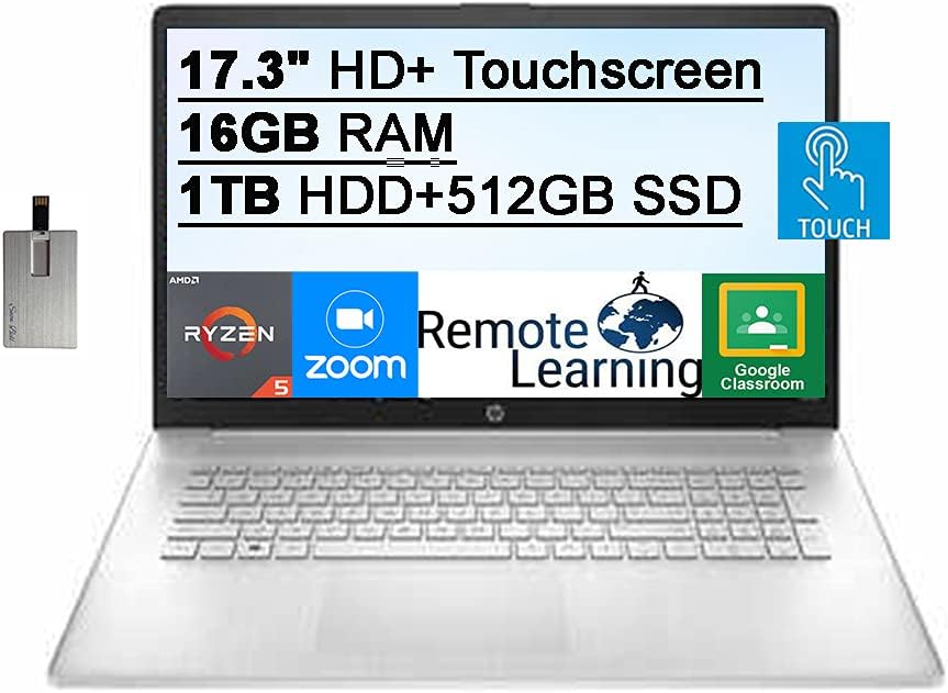 17.3 HD+ Touchscreen Laptop, AMD Ryzen 5-5500U, 16GB RAM, 1TB HDD+512GB SSD, Silver O354