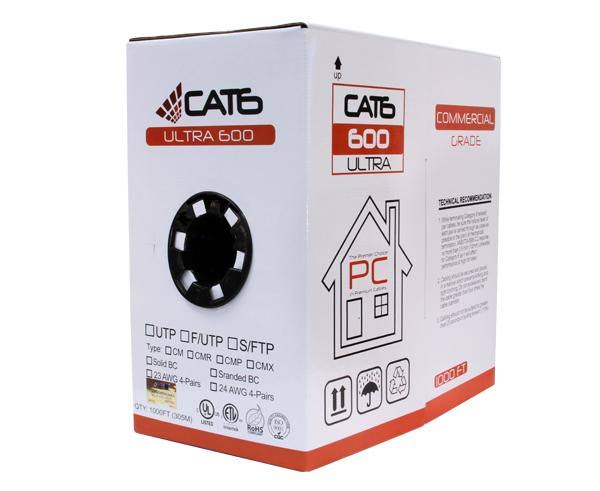 Cat6 Shielded Bulk Ethernet Cable, Riser CMR, Solid 24 AWG, 1000ft Black W584