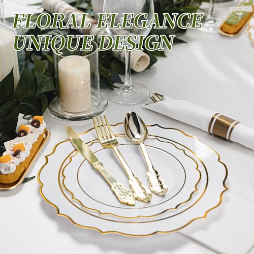 White Plastic Plates and Gold Dinnerware Set for 50 Guests L189