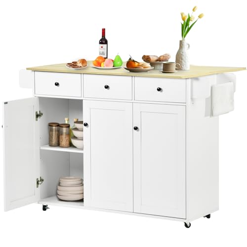 White Mobile Kitchen Island Cart with Drop Leaf W14895
