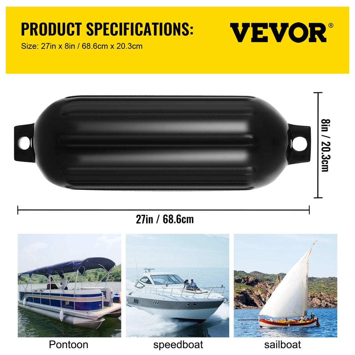 Black Boat Fender Bumper Pack of 4, 8 x 27 inches B730081